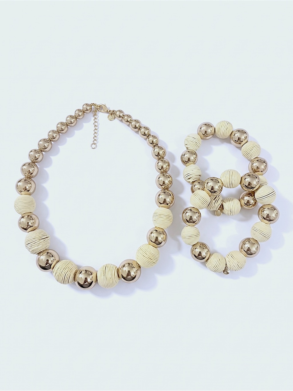 J. Crew Gold bead and straw bracelet & Gold bead and straw statement necklace